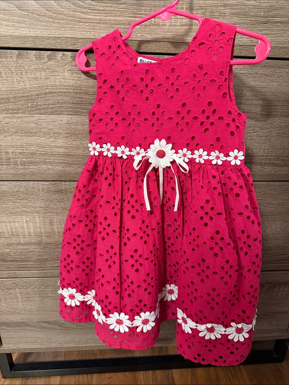 Blueberi Boulevard Hot Pink Eyelet Dress with White Daisy Trim